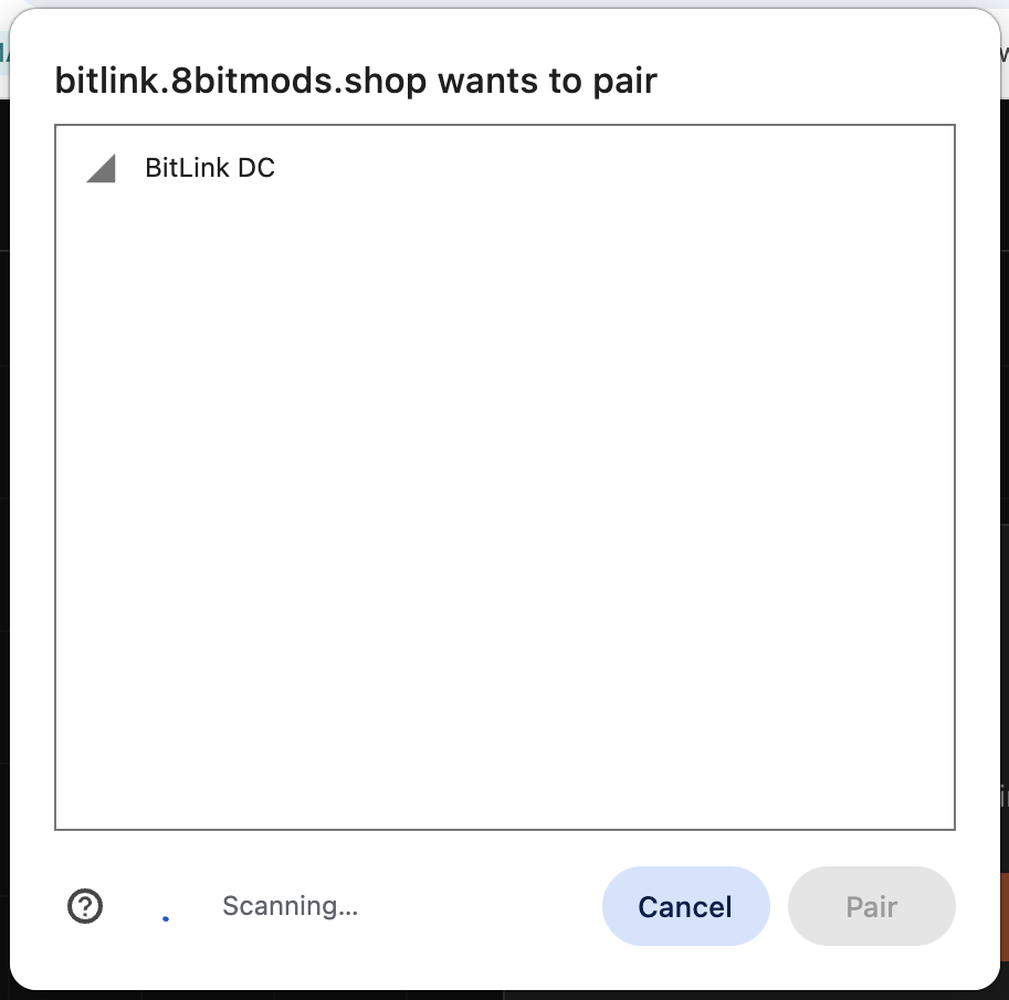 Chrome Bluetooth list showing BitLink DC
