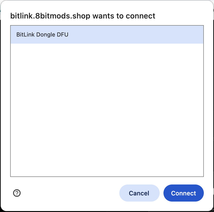 Chrome USB list showing BitLink Dongle DFU