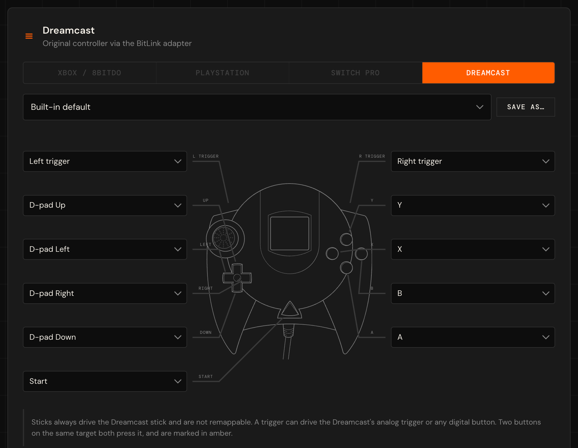 Mapping page for the Dreamcast controller, other families greyed out