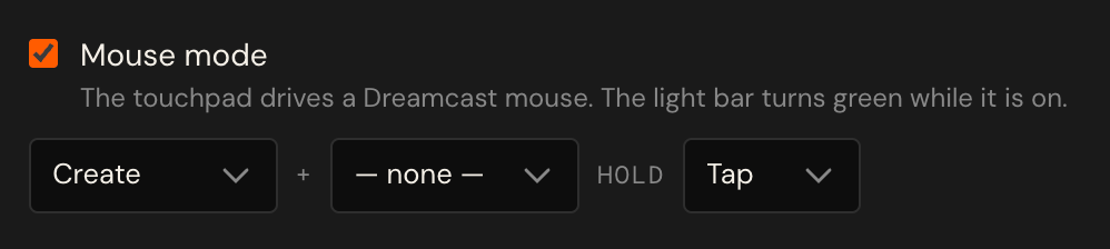 Mouse mode combo set to Create, tap