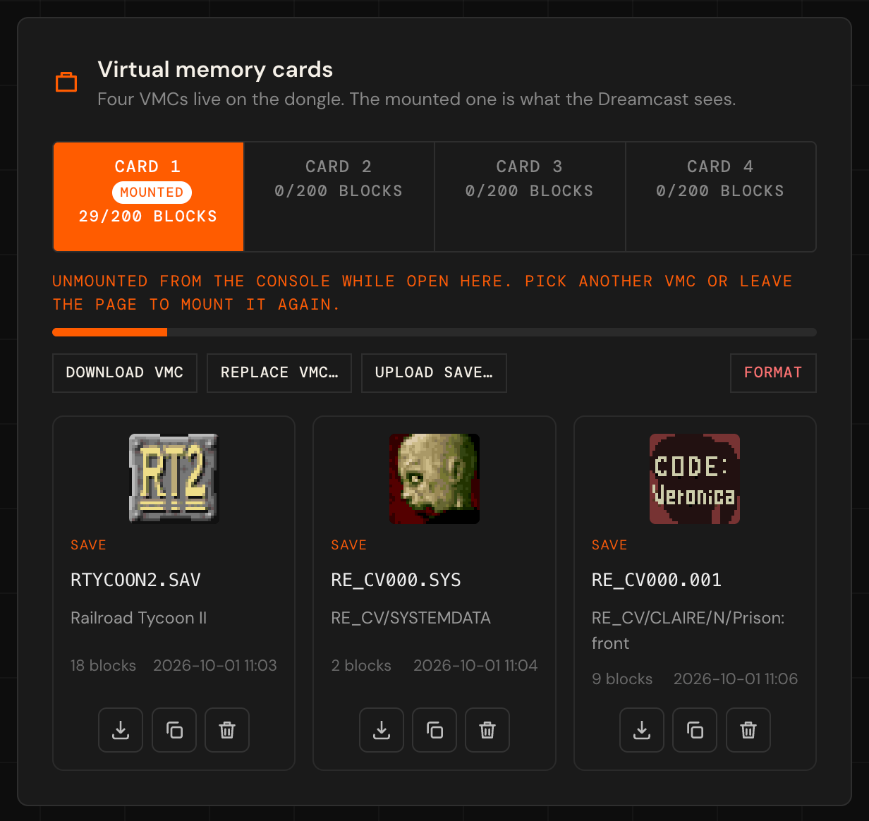 VMU page with card 1 open, showing three saves