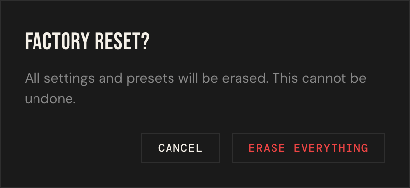 Factory reset confirmation with Cancel and Erase everything
