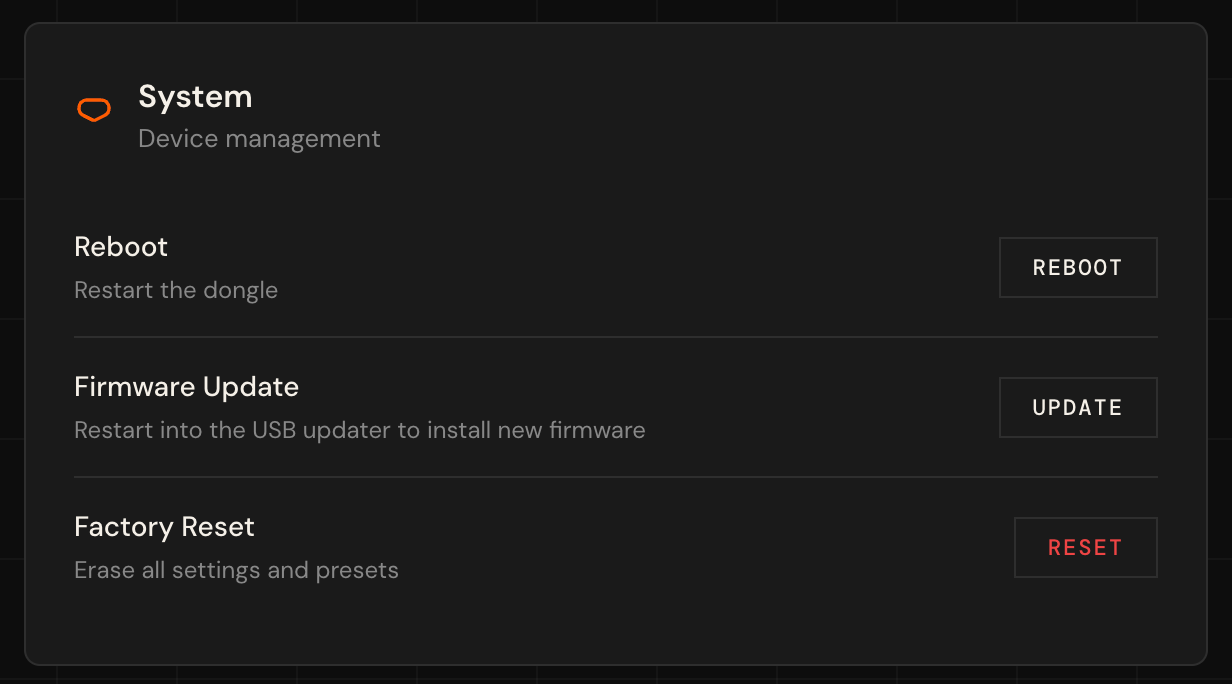 System card with Reboot, Firmware Update and Factory Reset