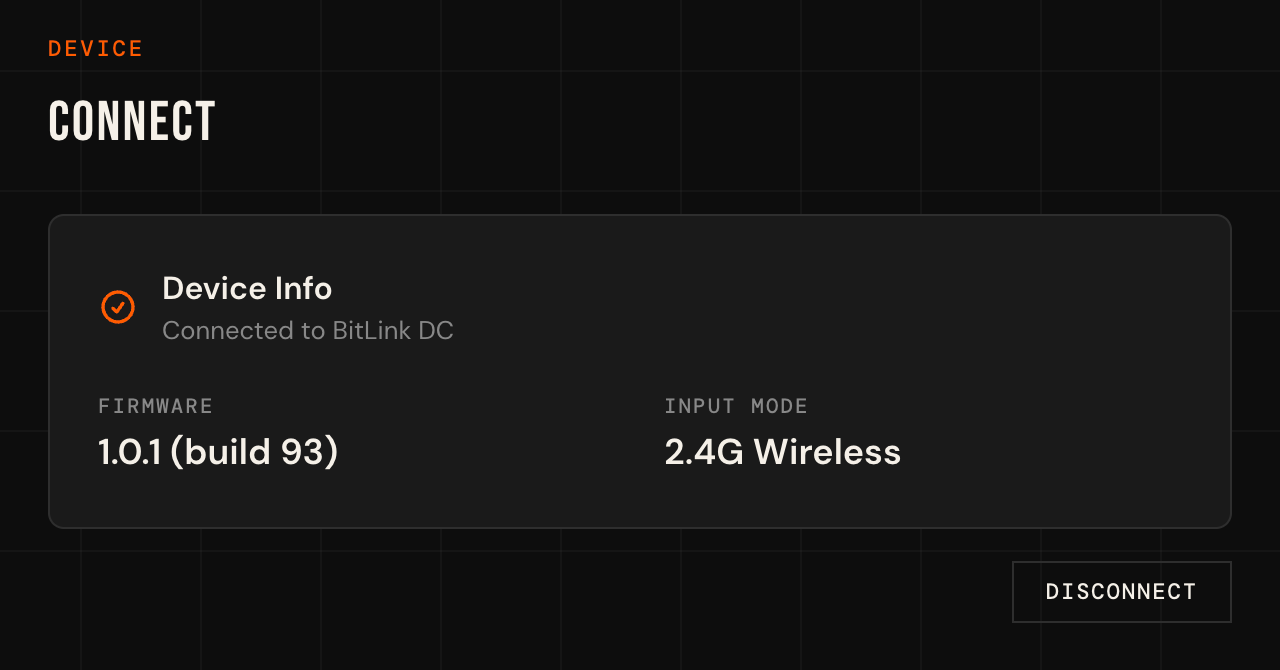 Device Info showing firmware 1.0.1 and input mode 2.4G Wireless