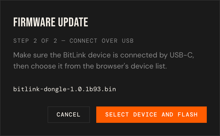 Firmware Update step 2, connect over USB