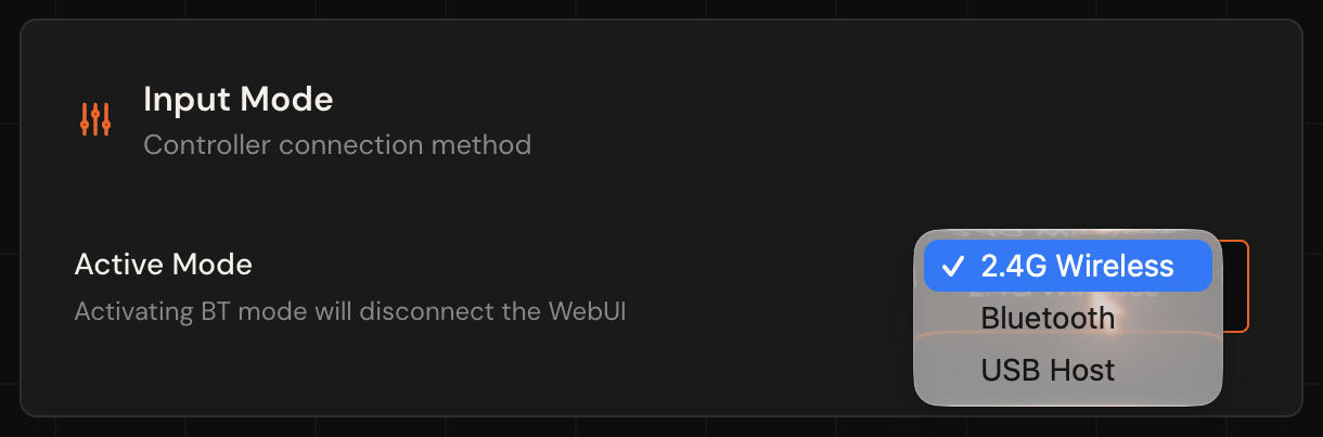 Input Mode list with 2.4G Wireless, Bluetooth and USB Host