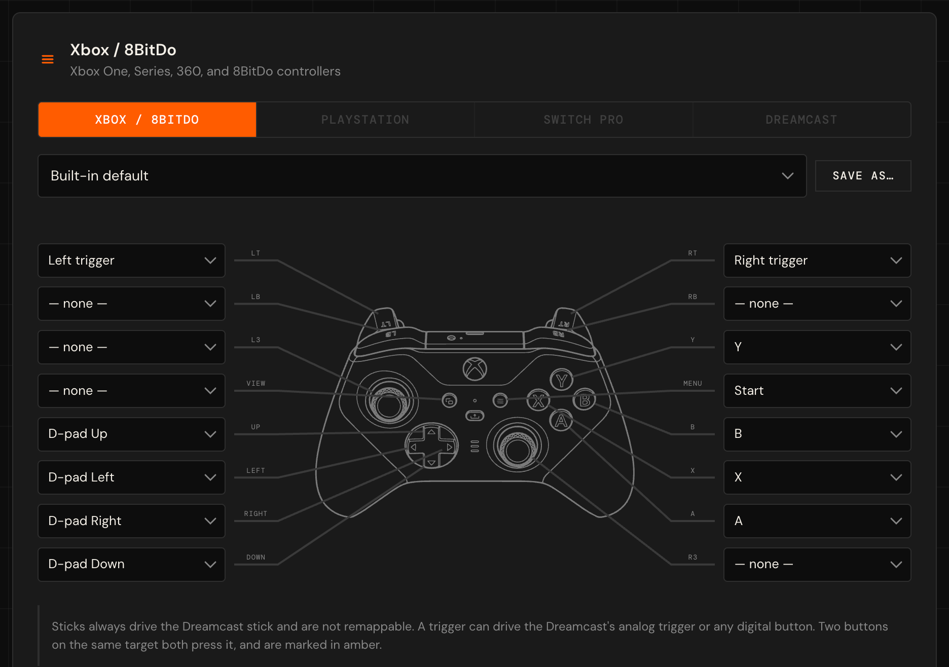 Mapping page for an Xbox controller with a list next to each button